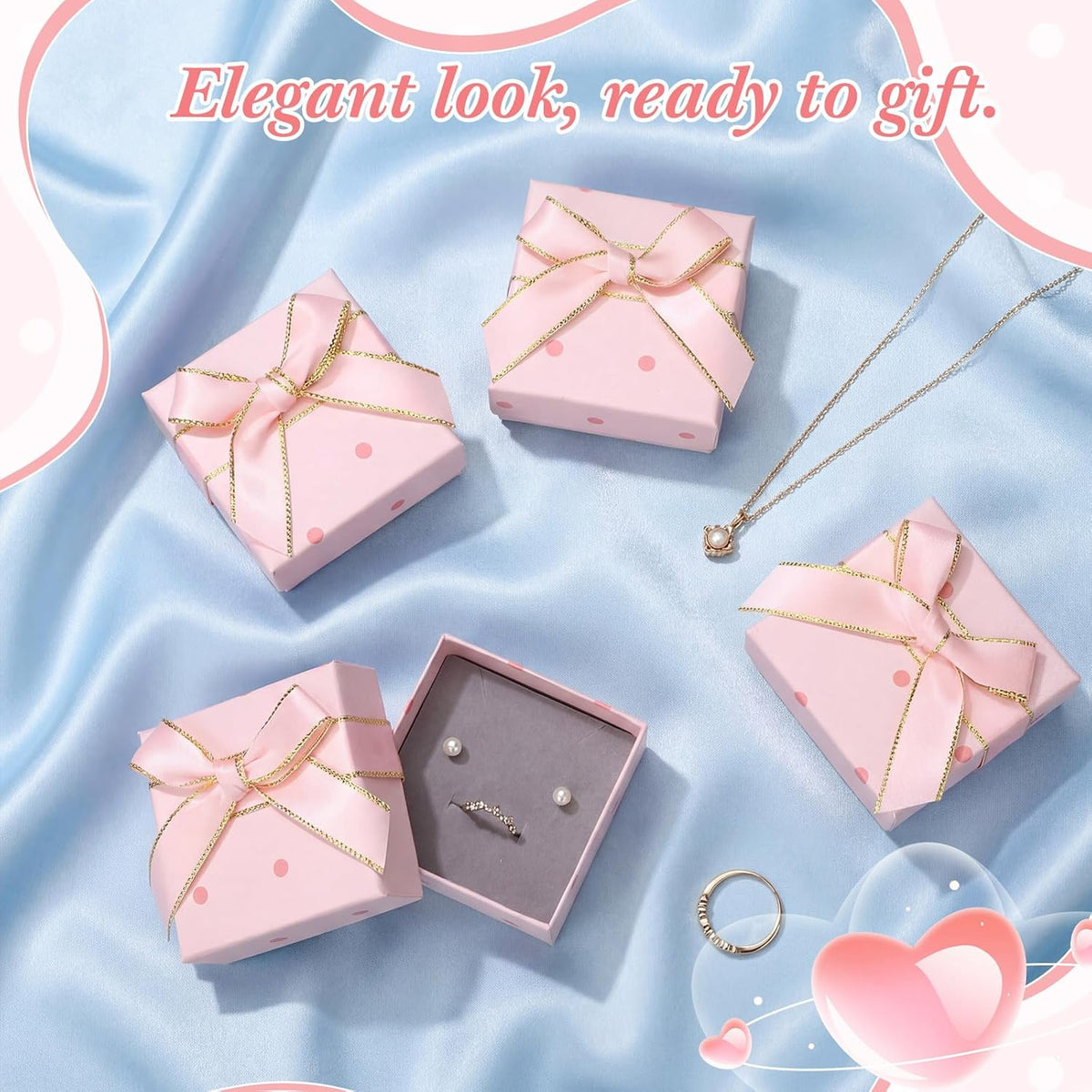 60 Pcs Pink Bow Jewelry Gift Boxes for Ring, 2.76 x 2.76 x 1.34