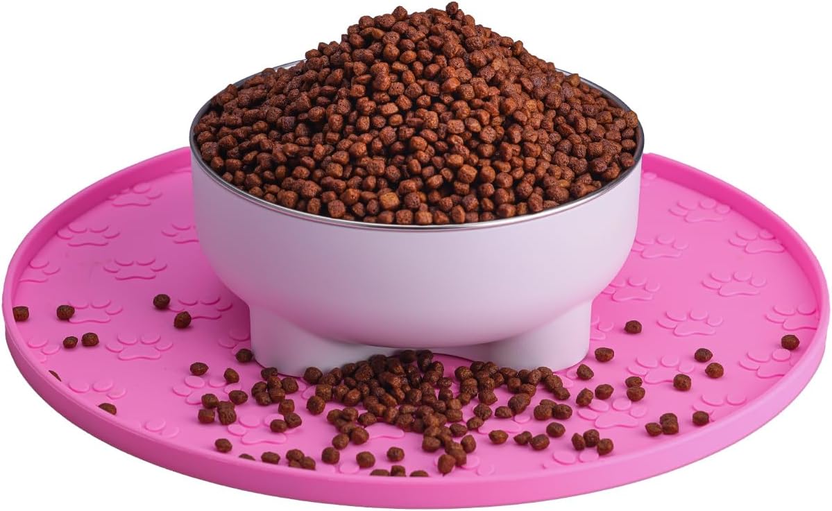 Silicone pet Food mat, Dog Food and Water mat, Raised Edge Rubber mat for Dog Bowls, Prevents Food and Water from staining Floors, Suitable for Small and Medium Pets，10.6'' (Pink - Odorless)