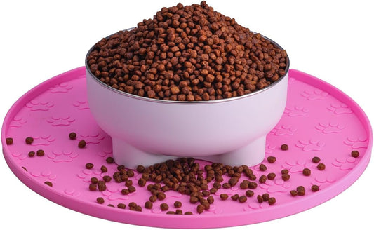 Silicone pet Food mat, Dog Food and Water mat, Raised Edge Rubber mat for Dog Bowls, Prevents Food and Water from staining Floors, Suitable for Small and Medium Pets，10.6'' (Pink - Odorless)