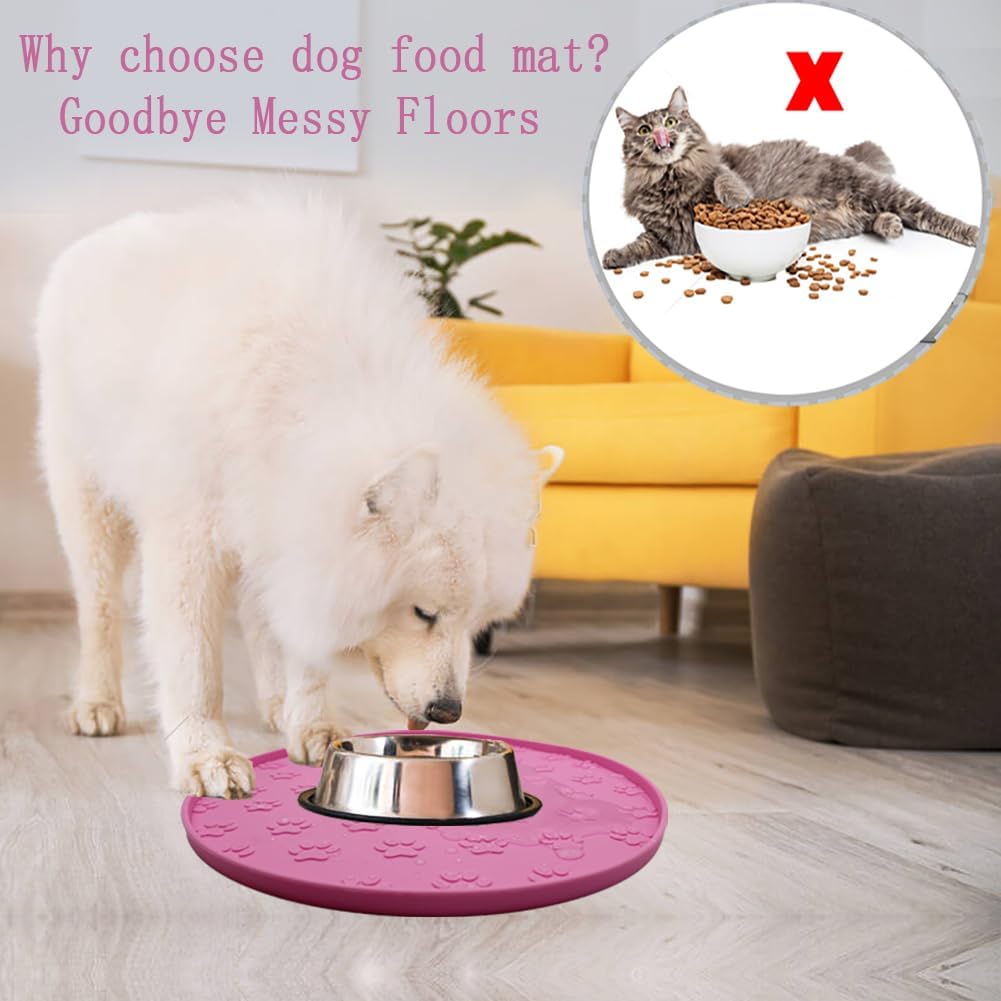 Silicone pet Food mat, Dog Food and Water mat, Raised Edge Rubber mat for Dog Bowls, Prevents Food and Water from staining Floors, Suitable for Small and Medium Pets，10.6'' (Pink - Odorless)