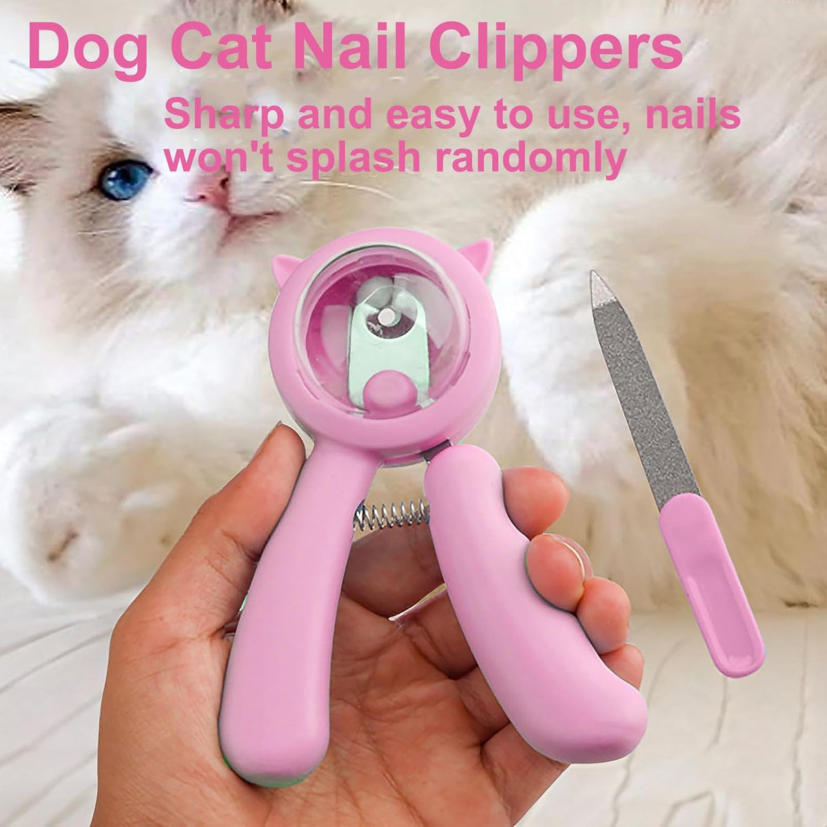 Anti-Splash Pet Nail Clippers and Trimmer Set Professional Stainless Steel Dog & Cat Nail Clippers with Safety Guard, Nail File, and Non-Slip Handle for Safe, Painless Grooming at Home, Pink