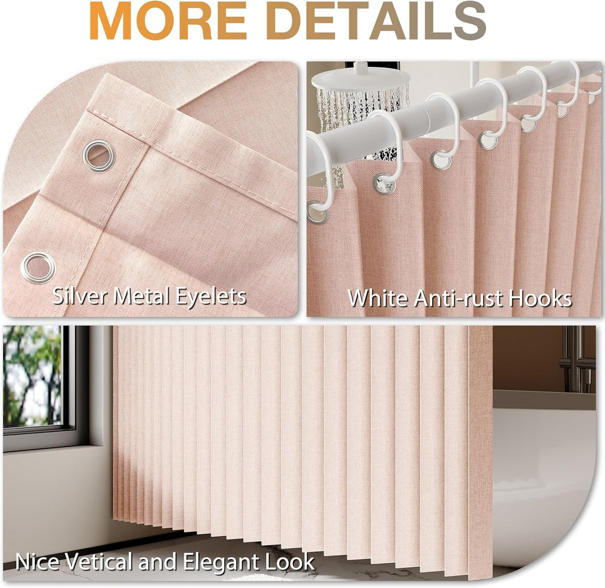 Folding Linen Shower Curtain 70x72 1 Panel 14 Grommets &Tie Back
