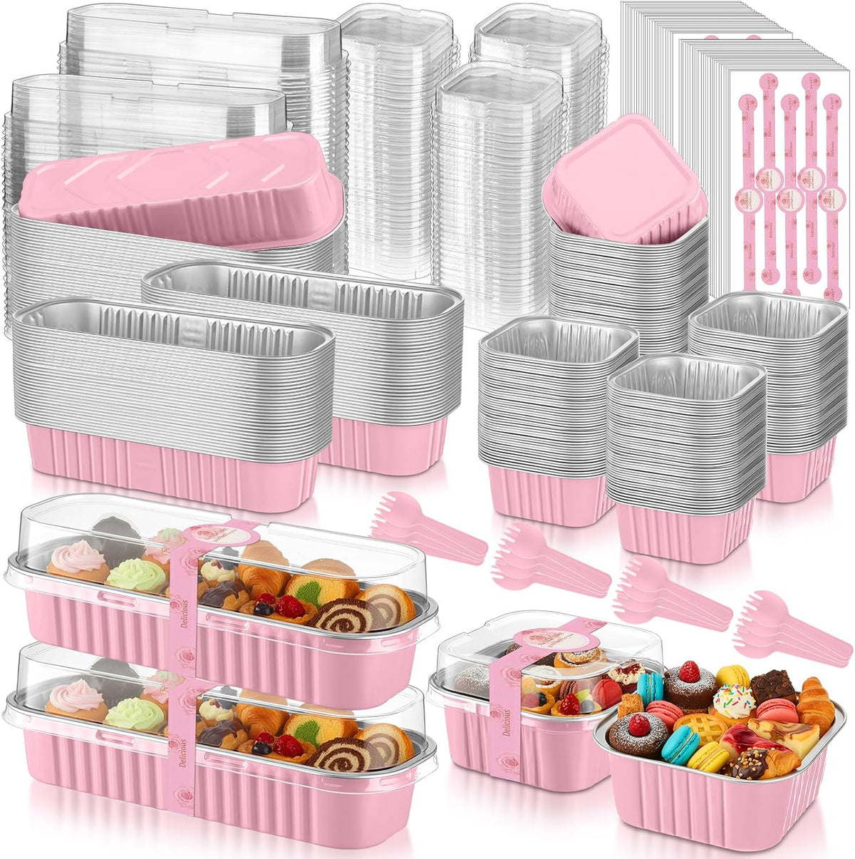 240 Sets Pink Mini Loaf Pan with Lids and Spoons