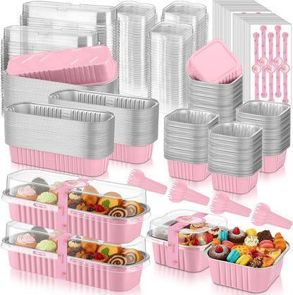 240 Sets Pink Mini Loaf Pan with Lids and Spoons