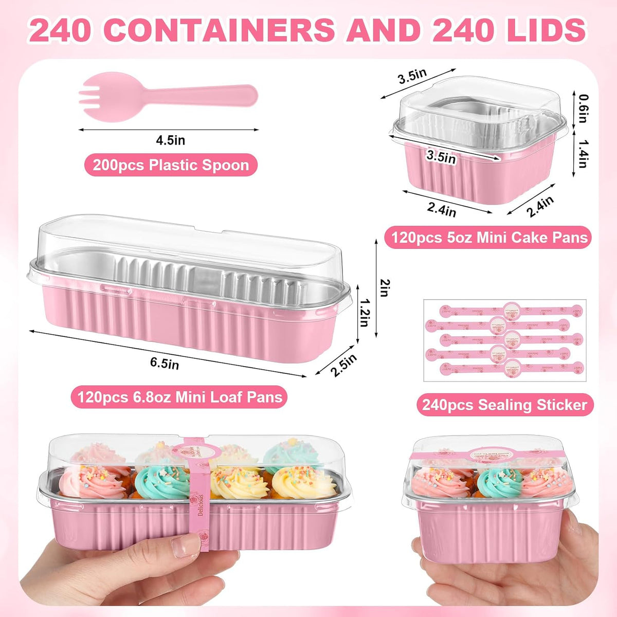 240 Sets Pink Mini Loaf Pan with Lids and Spoons