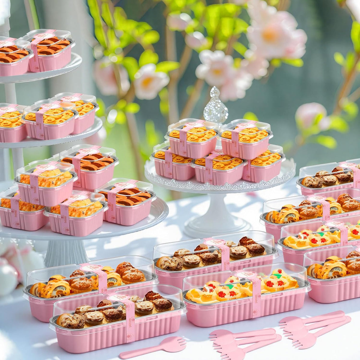 240 Sets Pink Mini Loaf Pan with Lids and Spoons