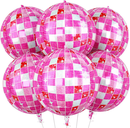 6pcs 22 Inch Pink Disco Ball Balloons, Shiny Pink Big Disco Foil Balloons