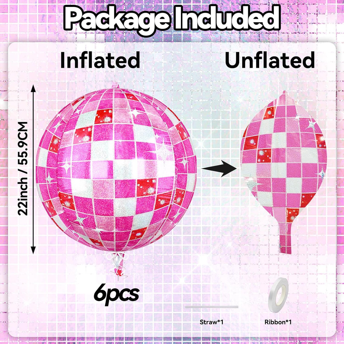 6pcs 22 Inch Pink Disco Ball Balloons, Shiny Pink Big Disco Foil Balloons