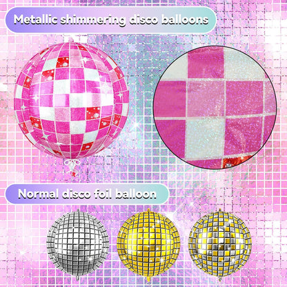 6pcs 22 Inch Pink Disco Ball Balloons, Shiny Pink Big Disco Foil Balloons