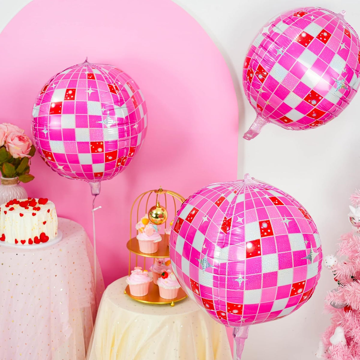 6pcs 22 Inch Pink Disco Ball Balloons, Shiny Pink Big Disco Foil Balloons