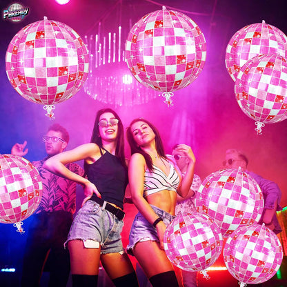 6pcs 22 Inch Pink Disco Ball Balloons, Shiny Pink Big Disco Foil Balloons