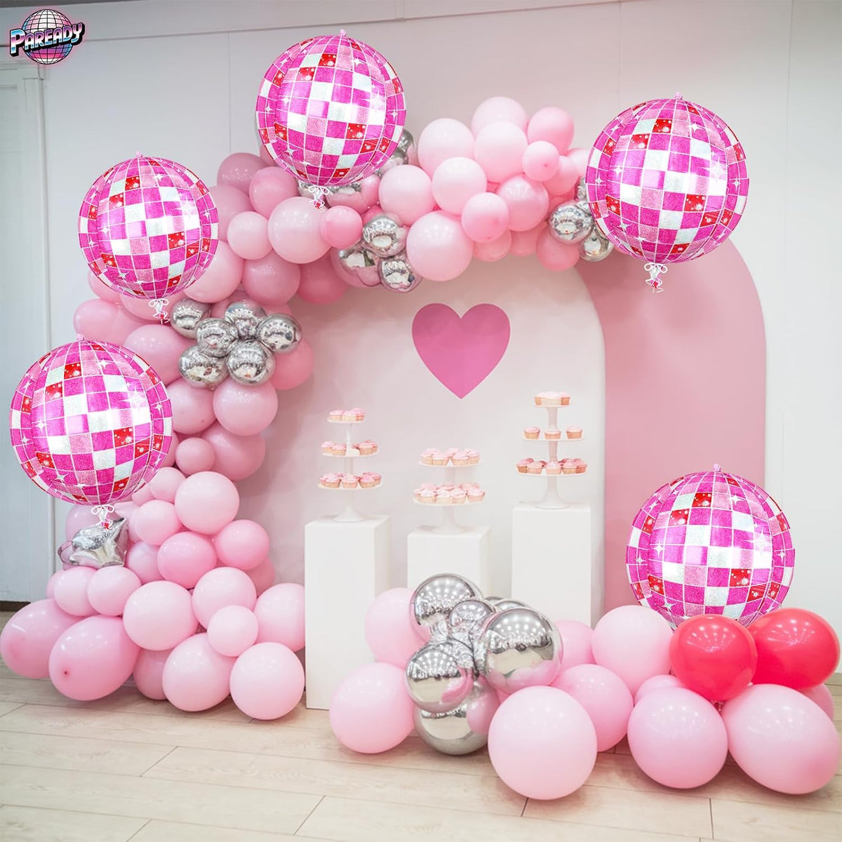 6pcs 22 Inch Pink Disco Ball Balloons, Shiny Pink Big Disco Foil Balloons