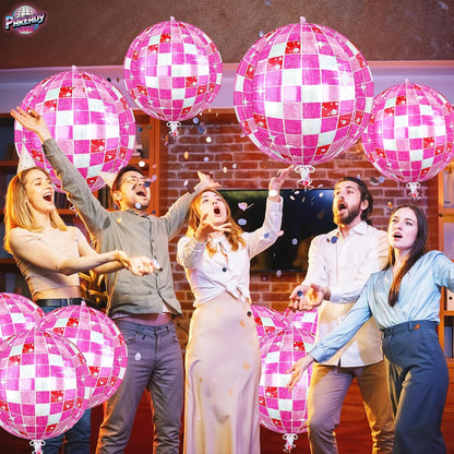 6pcs 22 Inch Pink Disco Ball Balloons, Shiny Pink Big Disco Foil Balloons