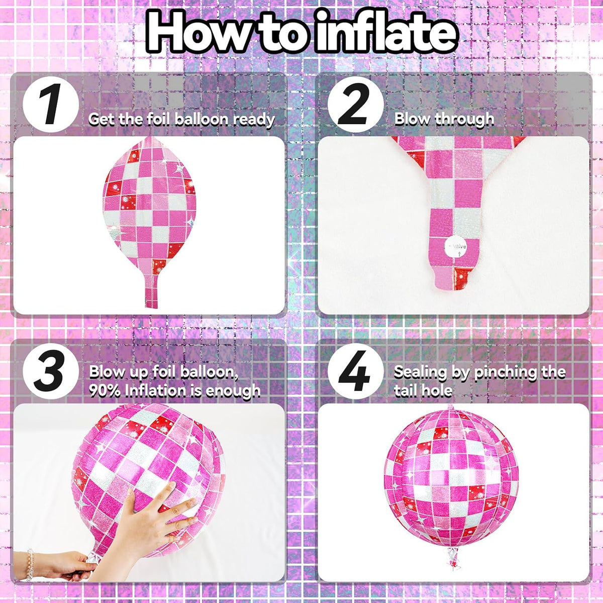6pcs 22 Inch Pink Disco Ball Balloons, Shiny Pink Big Disco Foil Balloons