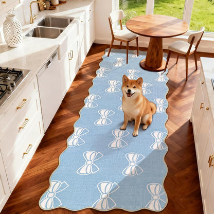 Blue Bow 2x6 Runner Rug for Hallway Entryway, Washable Cute Scalloped Bedside Rug for Living Room, Soft Low Pile Bowknet Rugs for Girls Bedroom Decor, Non Slip Carpet for Dorm Playroom Kitchen