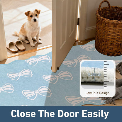 Blue Bow 2x6 Runner Rug for Hallway Entryway, Washable Cute Scalloped Bedside Rug for Living Room, Soft Low Pile Bowknet Rugs for Girls Bedroom Decor, Non Slip Carpet for Dorm Playroom Kitchen