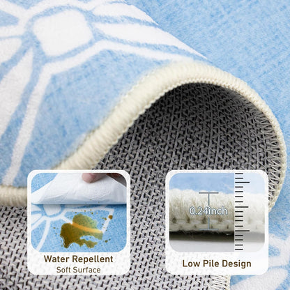 Blue Bow 2x6 Runner Rug for Hallway Entryway, Washable Cute Scalloped Bedside Rug for Living Room, Soft Low Pile Bowknet Rugs for Girls Bedroom Decor, Non Slip Carpet for Dorm Playroom Kitchen