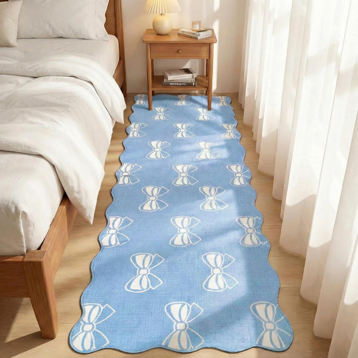 Blue Bow 2x6 Runner Rug for Hallway Entryway, Washable Cute Scalloped Bedside Rug for Living Room, Soft Low Pile Bowknet Rugs for Girls Bedroom Decor, Non Slip Carpet for Dorm Playroom Kitchen