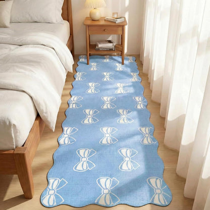 Blue Bow 2x6 Runner Rug for Hallway Entryway, Washable Cute Scalloped Bedside Rug for Living Room, Soft Low Pile Bowknet Rugs for Girls Bedroom Decor, Non Slip Carpet for Dorm Playroom Kitchen
