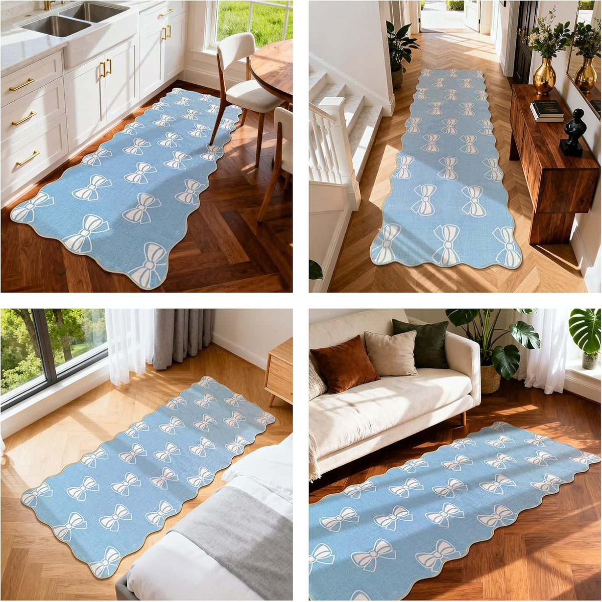 Blue Bow 2x6 Runner Rug for Hallway Entryway, Washable Cute Scalloped Bedside Rug for Living Room, Soft Low Pile Bowknet Rugs for Girls Bedroom Decor, Non Slip Carpet for Dorm Playroom Kitchen