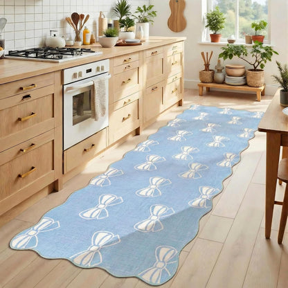 Blue Bow 2x6 Runner Rug for Hallway Entryway, Washable Cute Scalloped Bedside Rug for Living Room, Soft Low Pile Bowknet Rugs for Girls Bedroom Decor, Non Slip Carpet for Dorm Playroom Kitchen