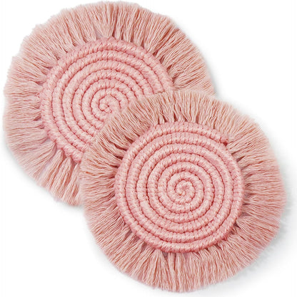 Boho Coasters for Drinks, Handmade 7.4in, 2p Dusty Pink