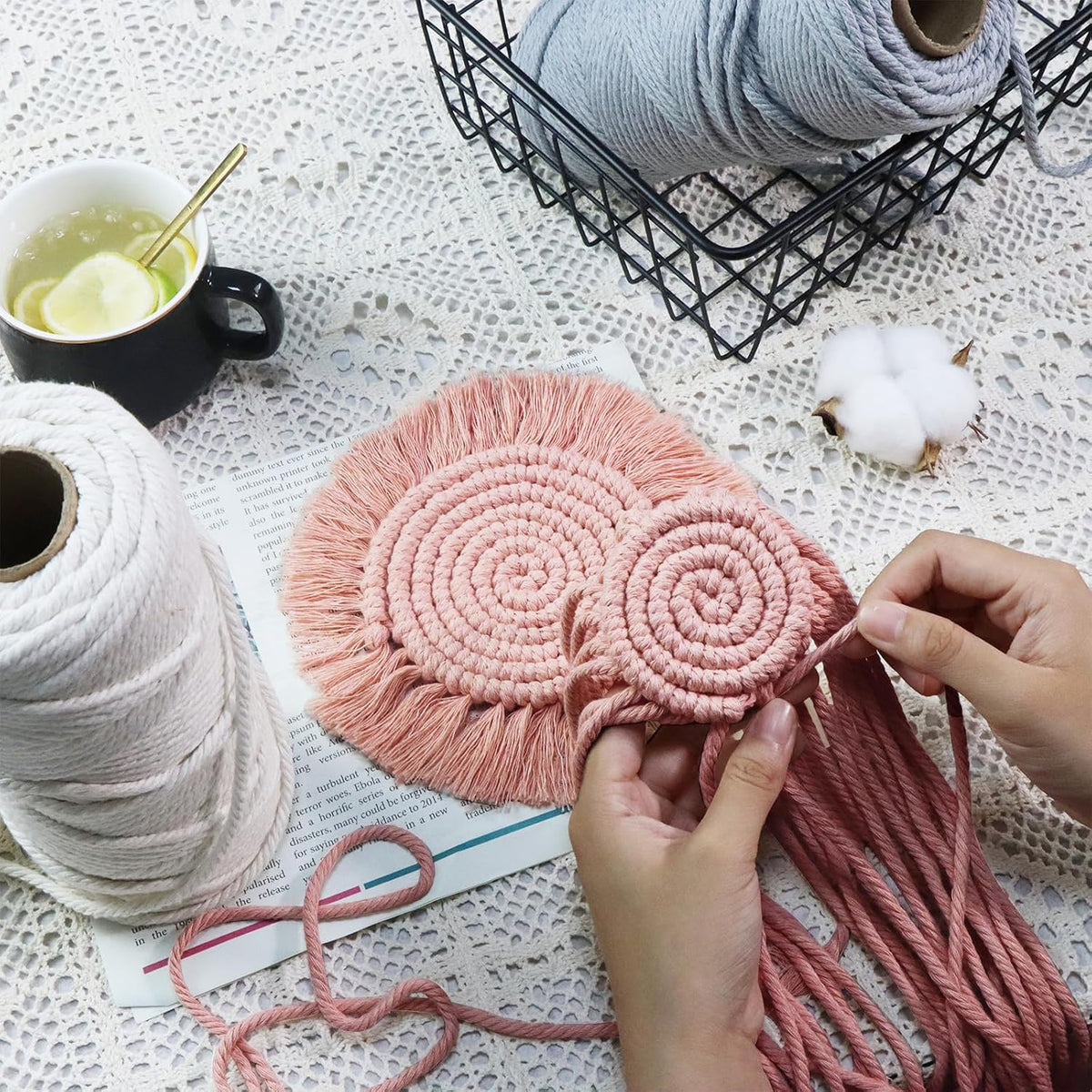 Boho Coasters for Drinks, Handmade 7.4in, 2p Dusty Pink