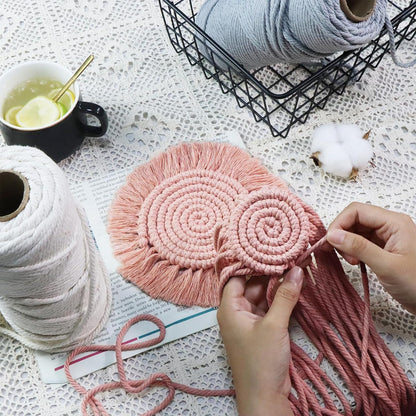 Boho Coasters for Drinks, Handmade 7.4in, 2p Dusty Pink