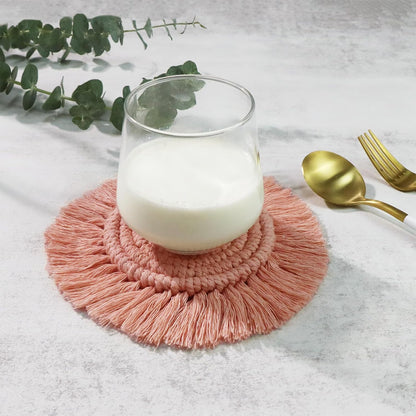 Boho Coasters for Drinks, Handmade 7.4in, 2p Dusty Pink