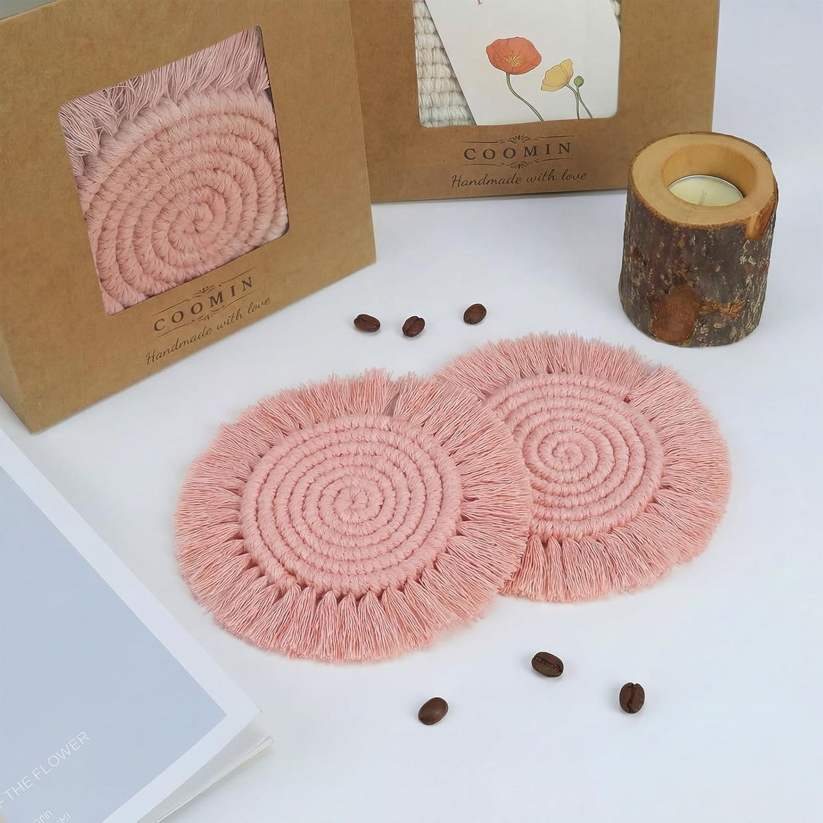Boho Coasters for Drinks, Handmade 7.4in, 2p Dusty Pink