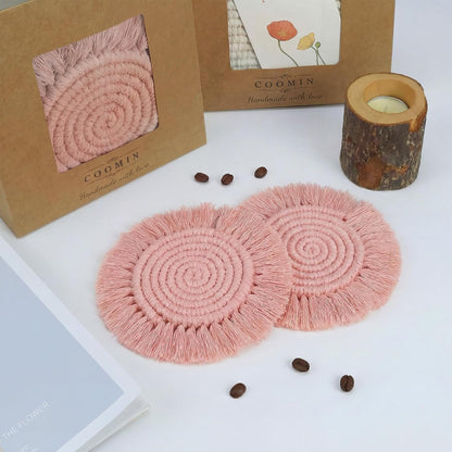 Boho Coasters for Drinks, Handmade 7.4in, 2p Dusty Pink