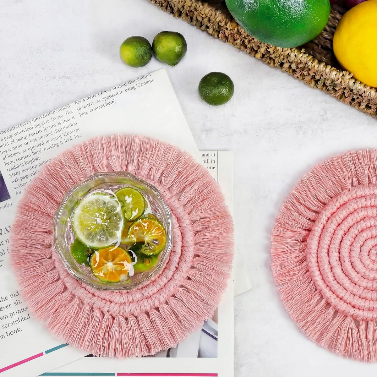 Boho Coasters for Drinks, Handmade 7.4in, 2p Dusty Pink