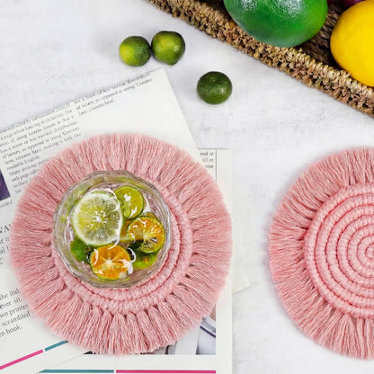 Boho Coasters for Drinks, Handmade 7.4in, 2p Dusty Pink