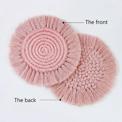 Boho Coasters for Drinks, Handmade 7.4in, 2p Dusty Pink