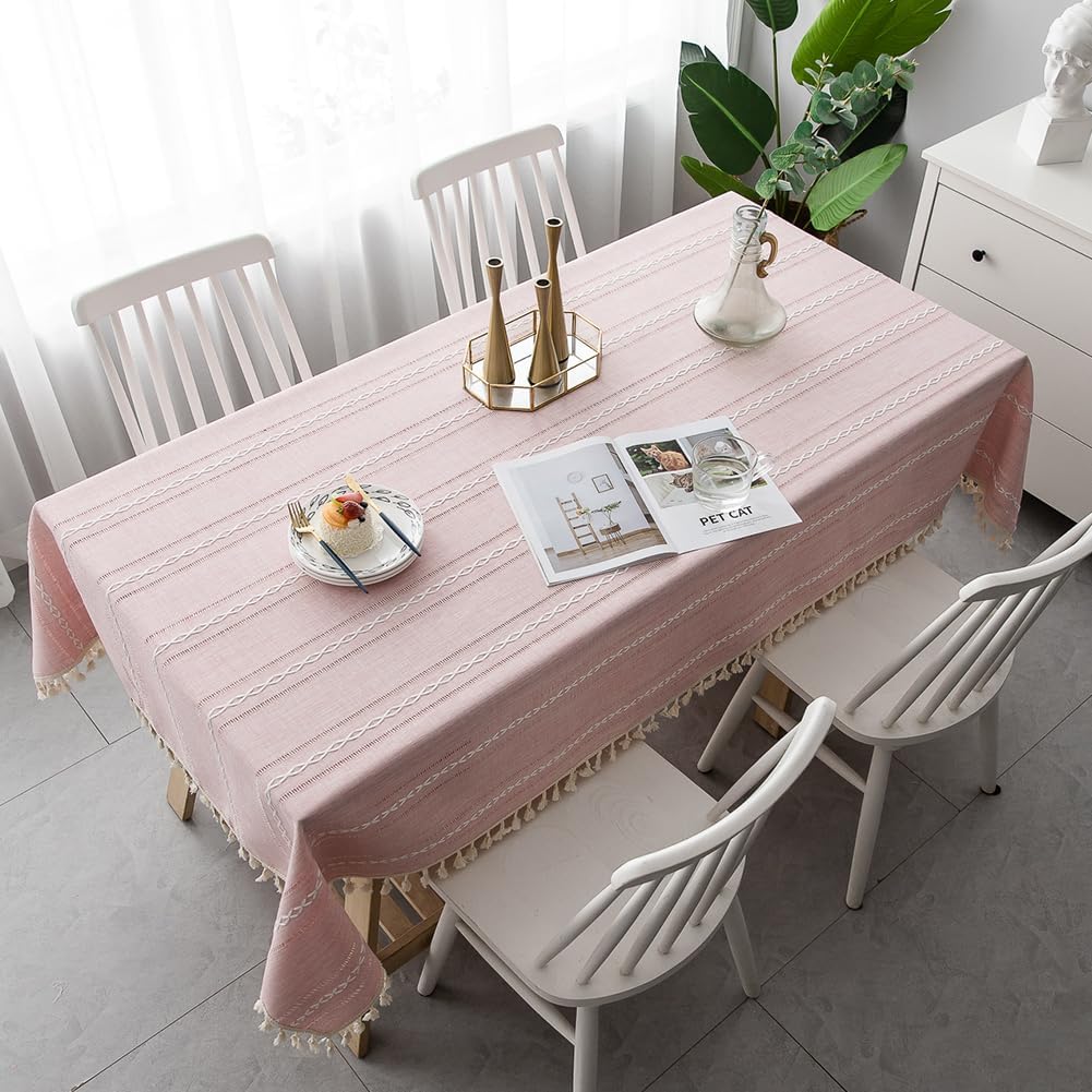 Pink Rustic Table Cloth, Rectangle Textured Cotton Linen Fabric Tablecloth with Tassel, Valentines Day Farmhouse Table Cover Embroidery Stripe Tablecloths for Kitchen Dinning Party, 35" X 35"
