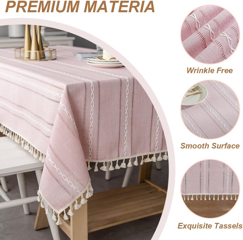 Pink Rustic Table Cloth, Rectangle Textured Cotton Linen Fabric Tablecloth with Tassel, Valentines Day Farmhouse Table Cover Embroidery Stripe Tablecloths for Kitchen Dinning Party, 35" X 35"