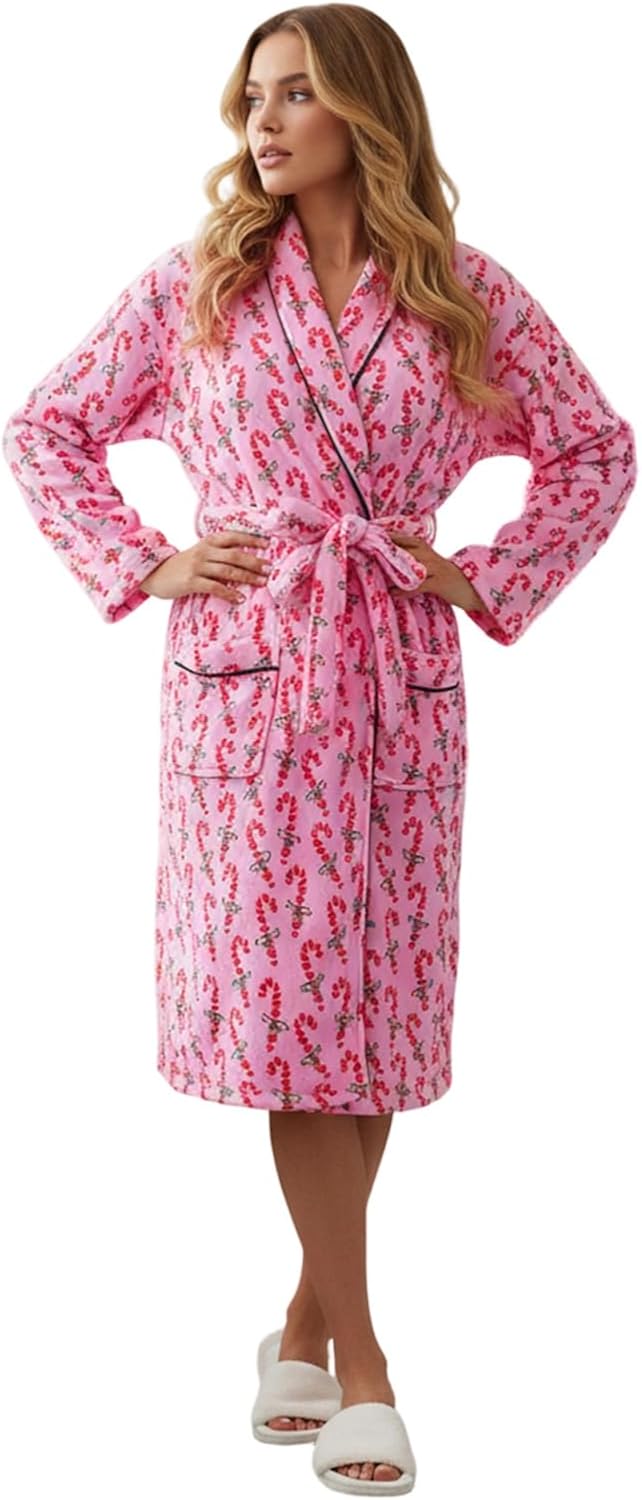 Women's Plush Robe Long Sleeve Lapel Tie-up Stripe Heart Candy Triangle Prints Bathrobe Sleepwear Loungewear