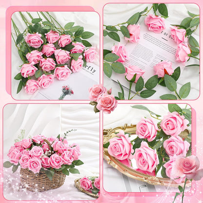 36 Pcs Pink Velvet Texture Soft Artificial Flowers Bridal Bouquet