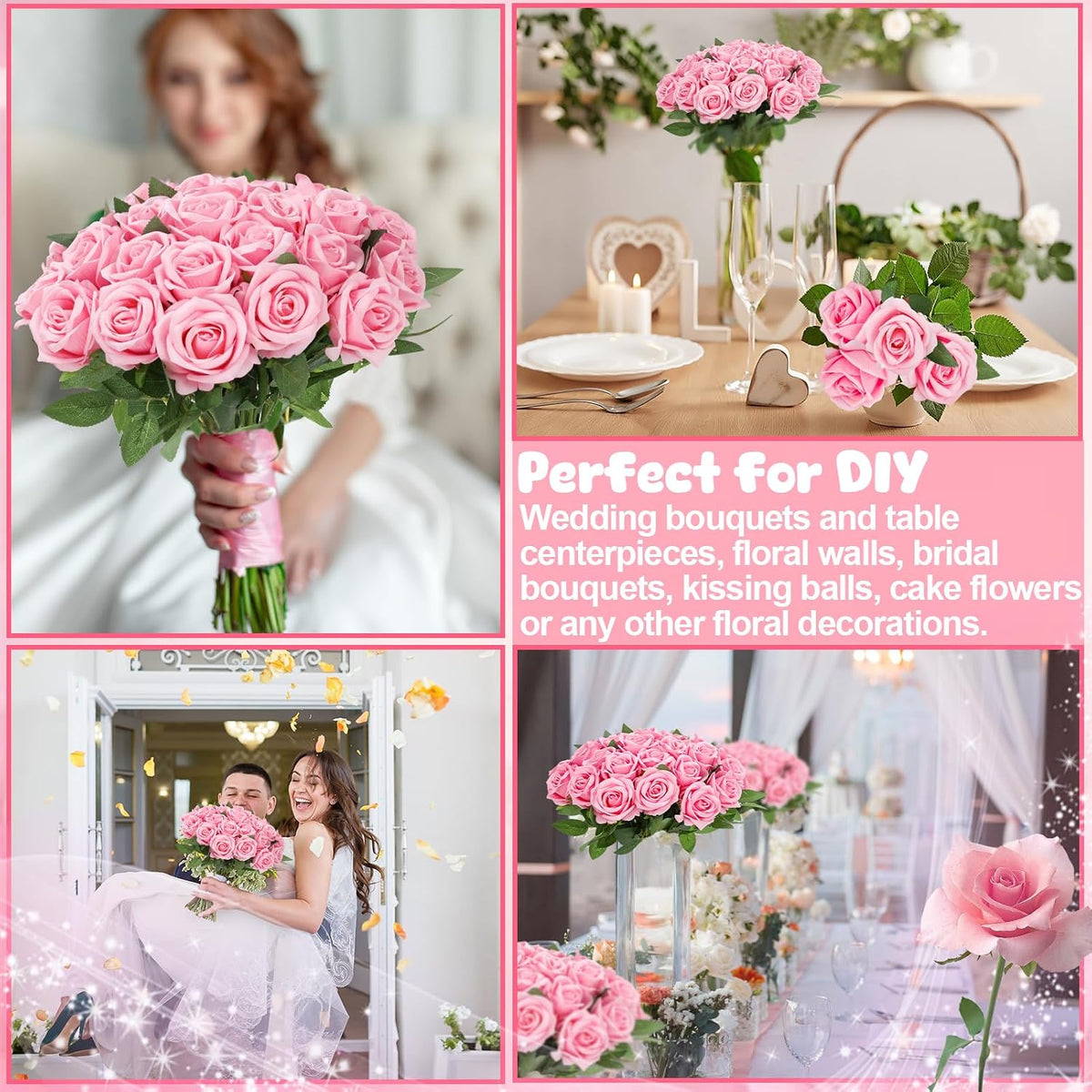 36 Pcs Pink Velvet Texture Soft Artificial Flowers Bridal Bouquet