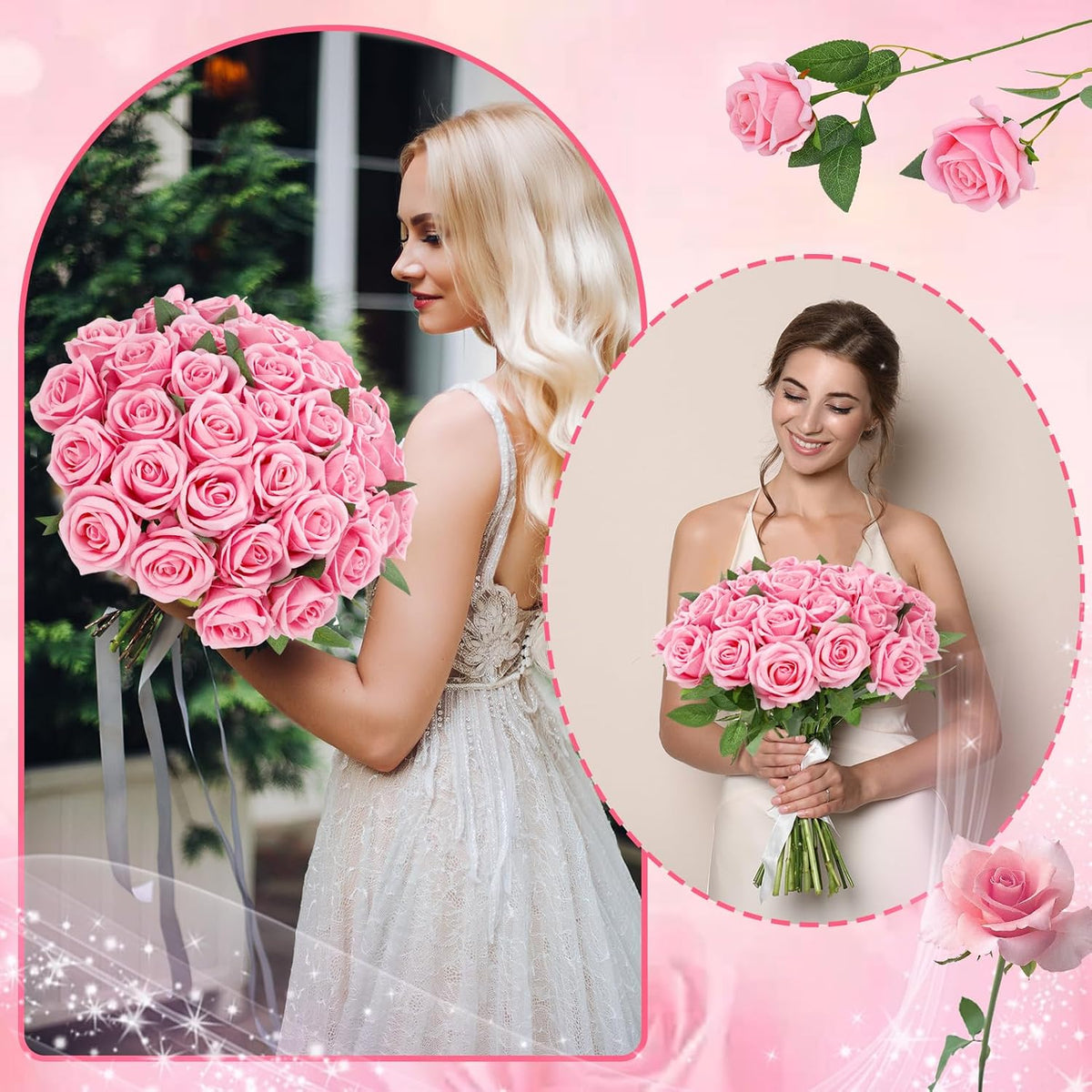 36 Pcs Pink Velvet Texture Soft Artificial Flowers Bridal Bouquet
