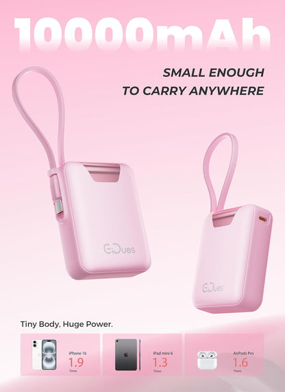 M1 Mini Portable Charger, 10000mAh Ultra-Compact Power Bank, 22.5W PD Fast Charging, Tpye-C Built-in Cable, Small External Battery Pack for iPhone, Samsung, Android iPad (Pink)