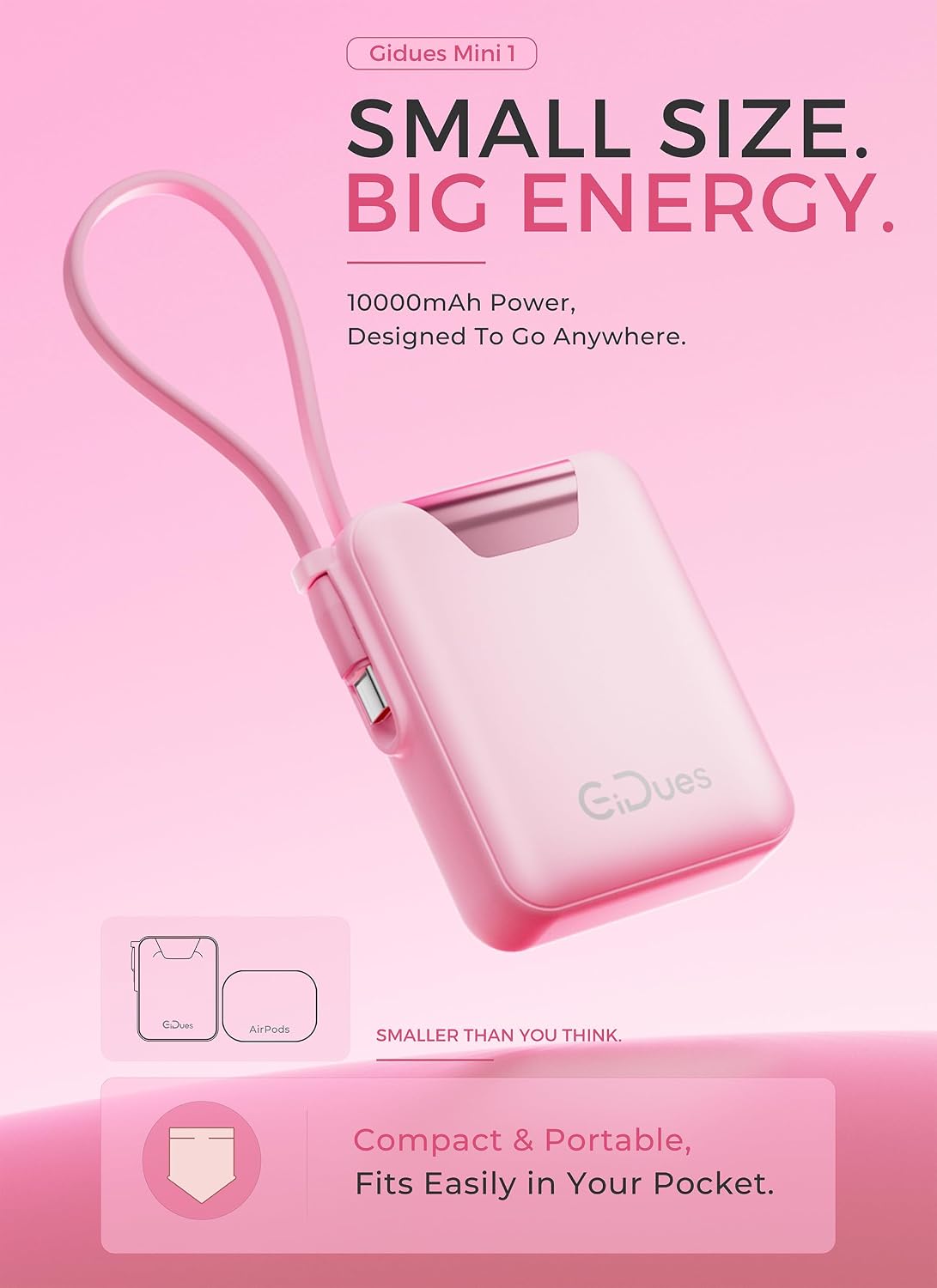 M1 Mini Portable Charger, 10000mAh Ultra-Compact Power Bank, 22.5W PD Fast Charging, Tpye-C Built-in Cable, Small External Battery Pack for iPhone, Samsung, Android iPad (Pink)