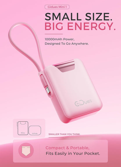 M1 Mini Portable Charger, 10000mAh Ultra-Compact Power Bank, 22.5W PD Fast Charging, Tpye-C Built-in Cable, Small External Battery Pack for iPhone, Samsung, Android iPad (Pink)