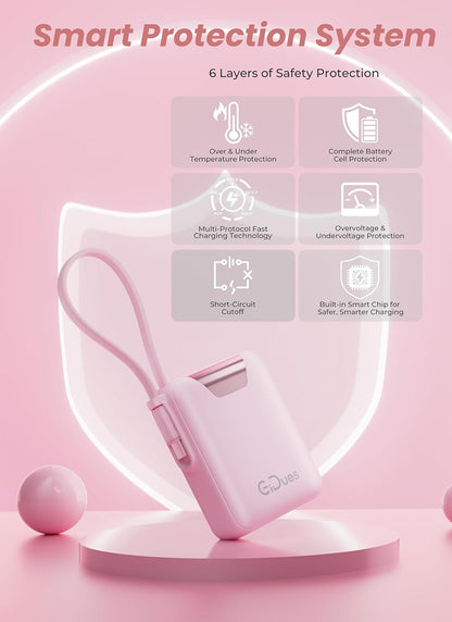 M1 Mini Portable Charger, 10000mAh Ultra-Compact Power Bank, 22.5W PD Fast Charging, Tpye-C Built-in Cable, Small External Battery Pack for iPhone, Samsung, Android iPad (Pink)