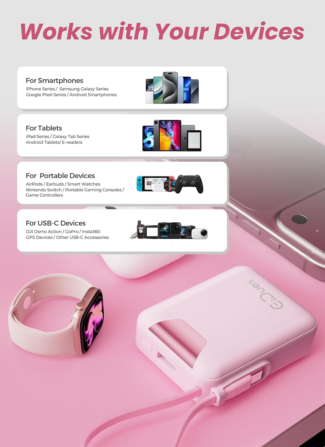 M1 Mini Portable Charger, 10000mAh Ultra-Compact Power Bank, 22.5W PD Fast Charging, Tpye-C Built-in Cable, Small External Battery Pack for iPhone, Samsung, Android iPad (Pink)