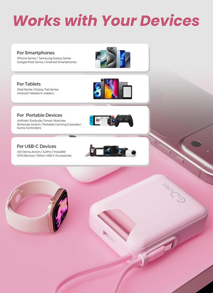 M1 Mini Portable Charger, 10000mAh Ultra-Compact Power Bank, 22.5W PD Fast Charging, Tpye-C Built-in Cable, Small External Battery Pack for iPhone, Samsung, Android iPad (Pink)