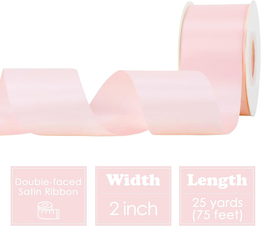 Pink Ribbon 2 inch Wide Double-Faced Baby Pink Satin Silk Ribbon for Flower Bouquet Wrap, Baby Shower, Wedding Decor, Gift Wrapping, Hairs, Hats, Crafts and Bows Making- 25 Yards/Roll