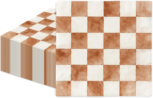 JarThenaAMCS 50 Pcs Brown White Plaid Paper Napkins Watercolor Checkered Luncheon Napkins Disposable Dessert Dinner Towel for Love is Brewing Baby Shower Home Party Table Decor