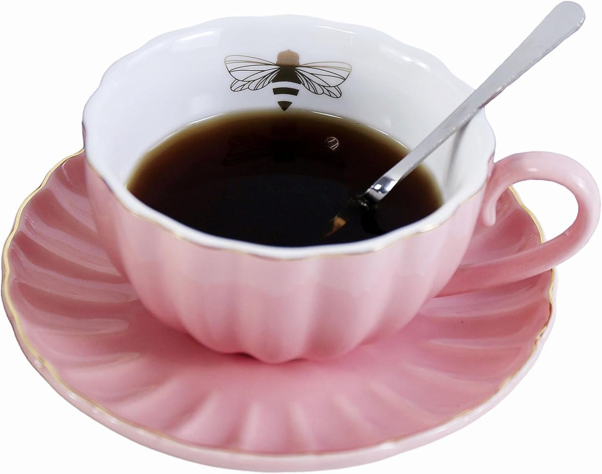 Ceramic Cup& Saucer Set, 9oz, Gold Bee Inside the Cup (Pink)