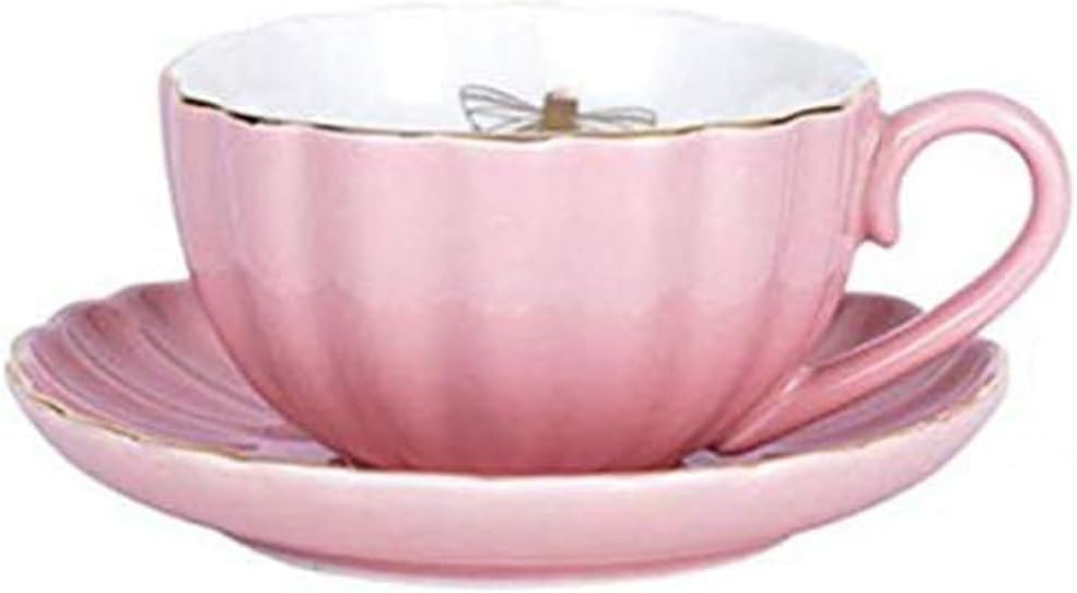 Ceramic Cup& Saucer Set, 9oz, Gold Bee Inside the Cup (Pink)